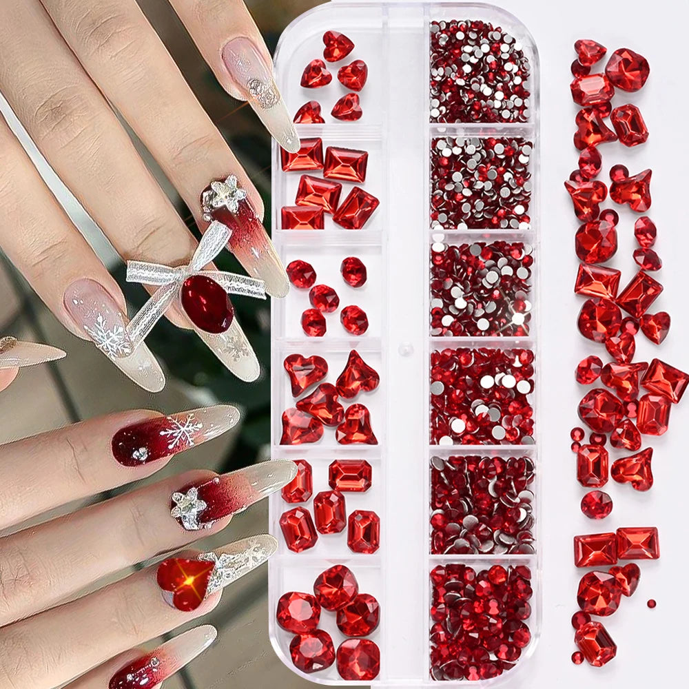 12 Grids 3D Champagne Nail Art Rhinestones Mixed Round,Fat Square,Heart,Butterfly Glass Diamond Nail Charms DIY Manicure Decor *