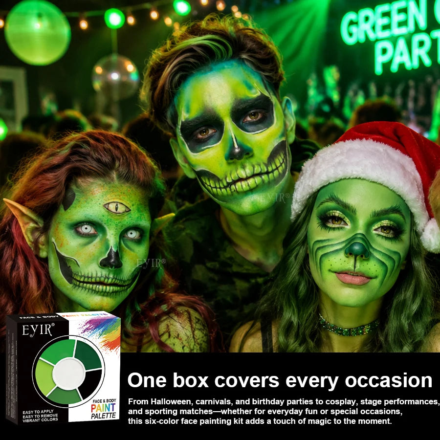 EYIR Green Black White Face Body Paint Palette 6 Colors Water Activated SFX Makeup Kit With 6 Brushes Halloween Cosplay Festival