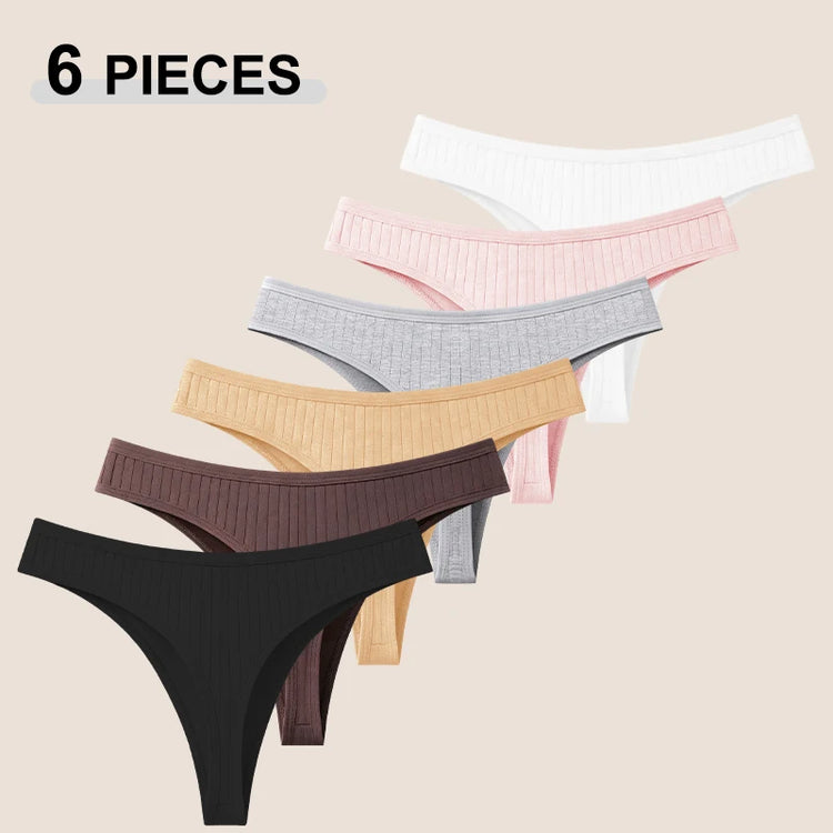 6Pcs/Set Seamless Cotton Thongs Panties For Women Sexy Low Rise Solid Color G-String Underwear Female Ribbed Breathable Lingerie