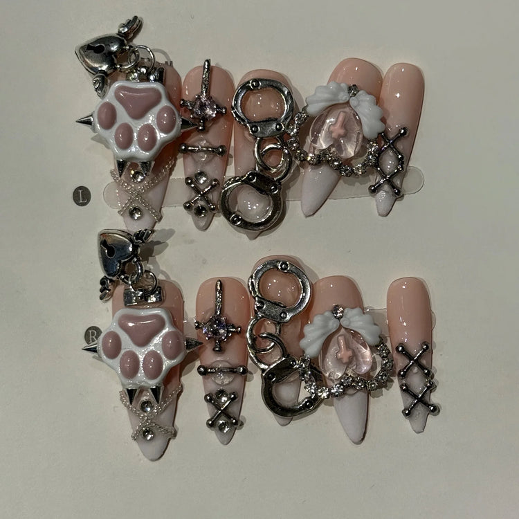 Long Stiletto Press on Fake Nails Blue Heart Diamond Bow Decoration False Nail Y2K Fashion Artificial Nail Handmade Acrylic Nail