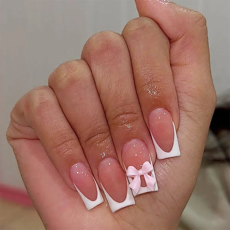 White French Press on Nails 3D Bowknot Fake Nails Tips Full Cover Wearable False Nails for Women and Girls DIY Manicure 24Pcs