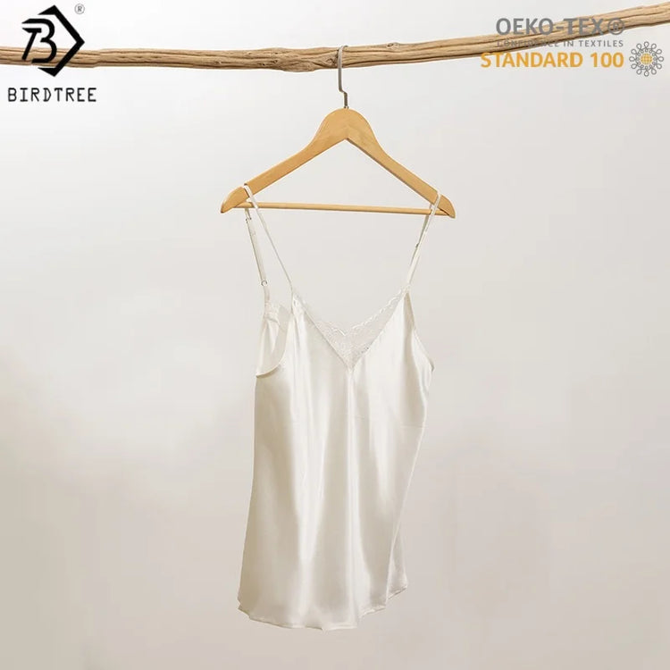 Birdtree, OEKO-TEX, 19MM 100% Real Silk Solid Tank Top, Woman's Adjustable Sling Lace Basics Vest, 2026 Autumn New T69516JF