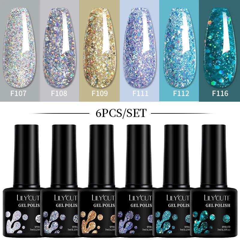 LILYCUTE 6Pcs 7ML Gel DIY Nails Polish Set Bright Pink Nail Charms Soak Off UV LED Gel Varnish Nail Art Design Accessories