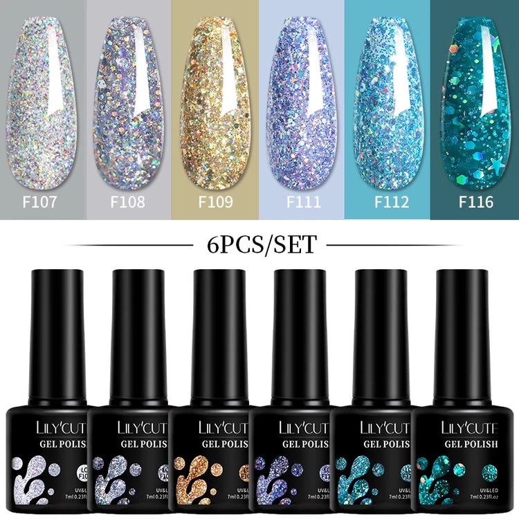 LILYCUTE 6Pcs 7ML Gel DIY Nails Polish Set Bright Pink Nail Charms Soak Off UV LED Gel Varnish Nail Art Design Accessories