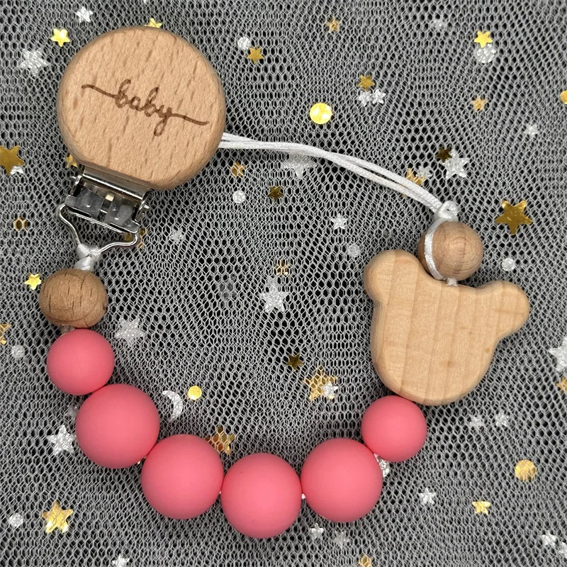 Personalized Baby Pacifier Clip Custom Name Silicone Bead Nipple Dummy Clips Engraved Infant Wooden Pacifier Holder Newborn Gift
