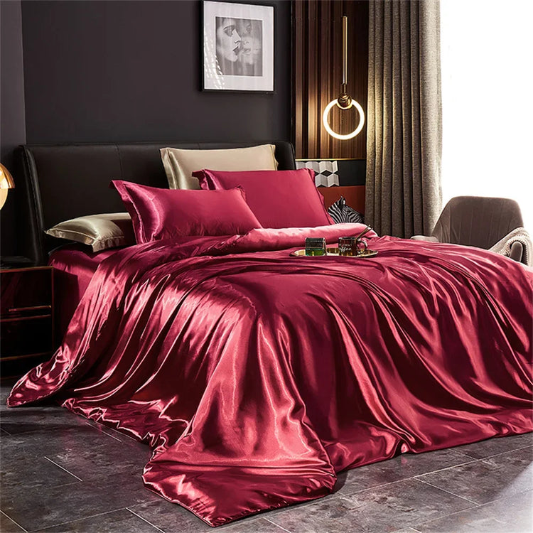 Solid Silk Bedding Set with Duvet Cover Bed Sheet Pillowcases Luxury Satin Single Double Bedsheet King Queen Twin Size