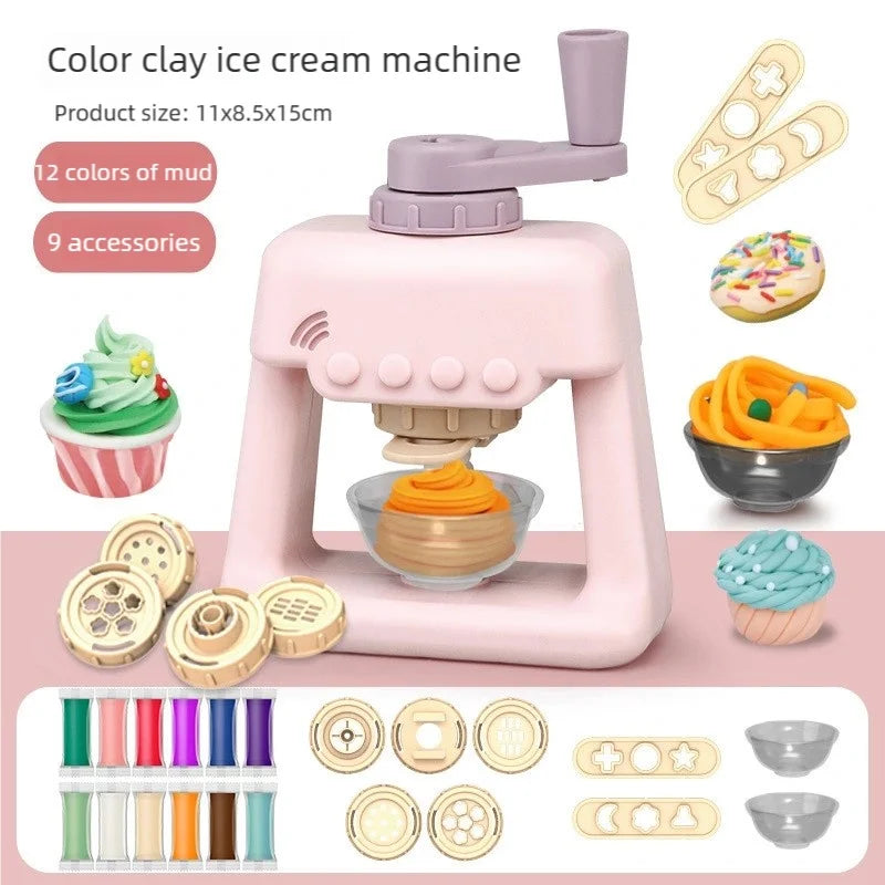 Toddler DIY Clay Craft Set, Noodle Ice Cream Maker Machine with 28 Pcs Molds, Non-Toxic Ultra-Light Clay Playset for Kids Birthd