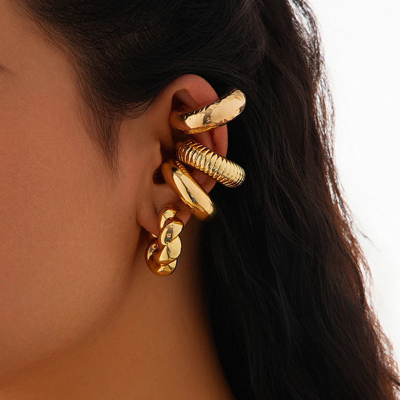 Fashion 4pcs C Shaped Acrylic Ear Clip for Women Simple Gold Silver Color No Pierced Round Earrings Punk Female Jewelry