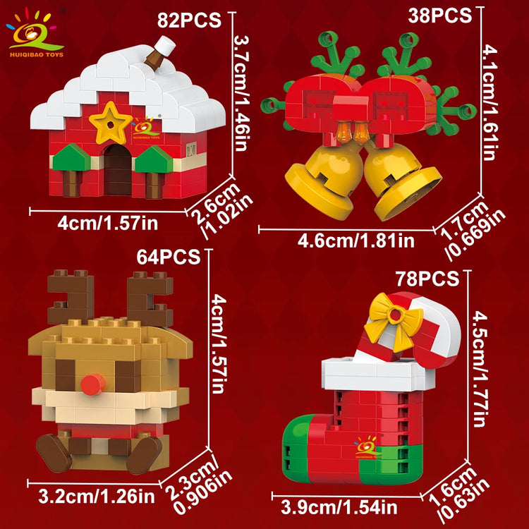 HUIQIBAO Christmas Mini Building Blocks Set DIY Santa Claus Xmas Tree Snowman House Ornament Kid Educational Assembly Toy