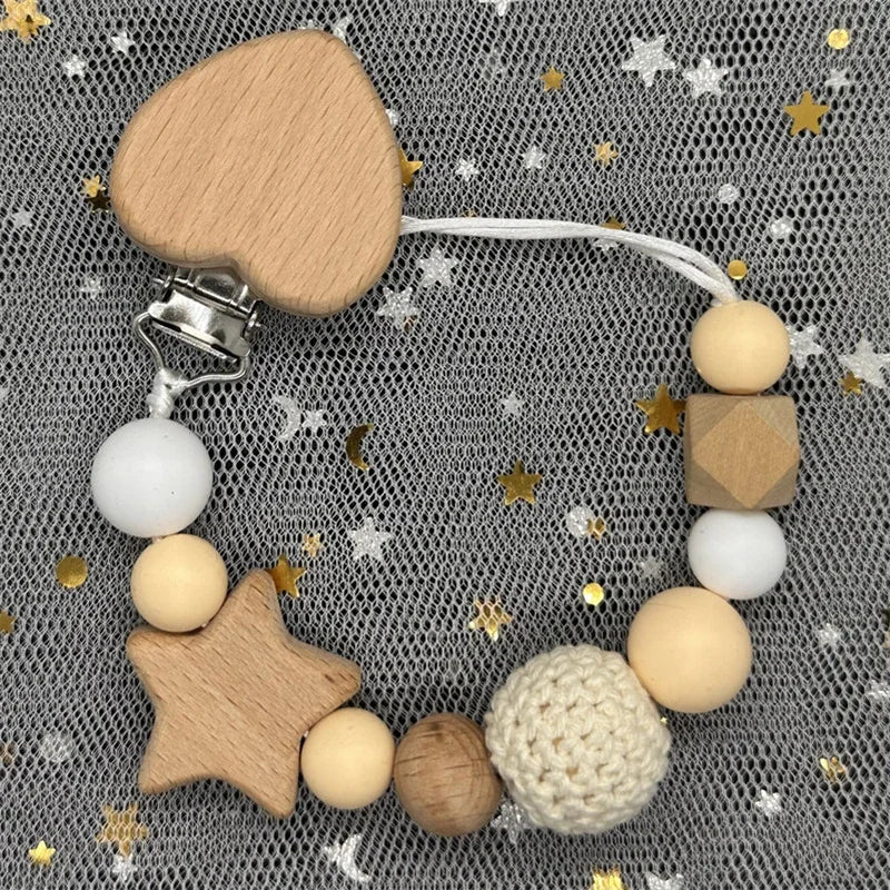 Personalized Baby Pacifier Clip Custom Name Silicone Bead Nipple Dummy Clips Engraved Infant Wooden Pacifier Holder Newborn Gift