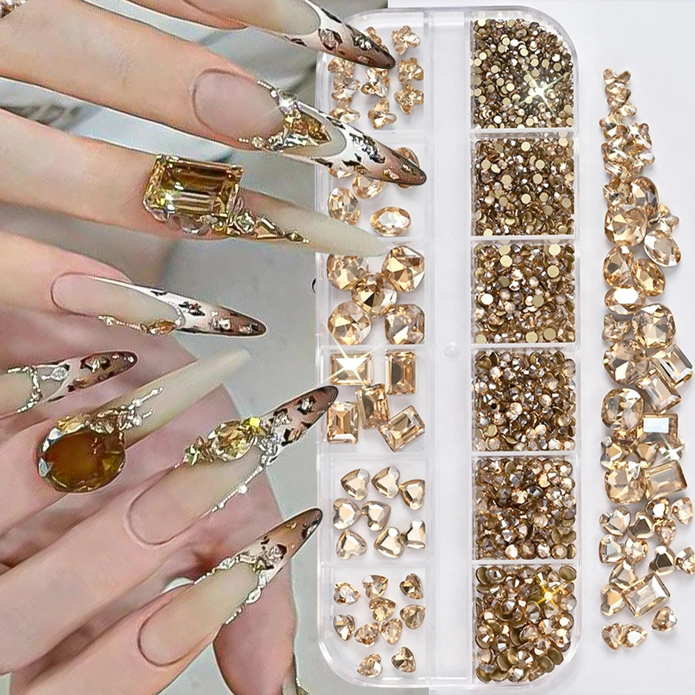 12 Grids 3D Champagne Nail Art Rhinestones Mixed Round,Fat Square,Heart,Butterfly Glass Diamond Nail Charms DIY Manicure Decor *