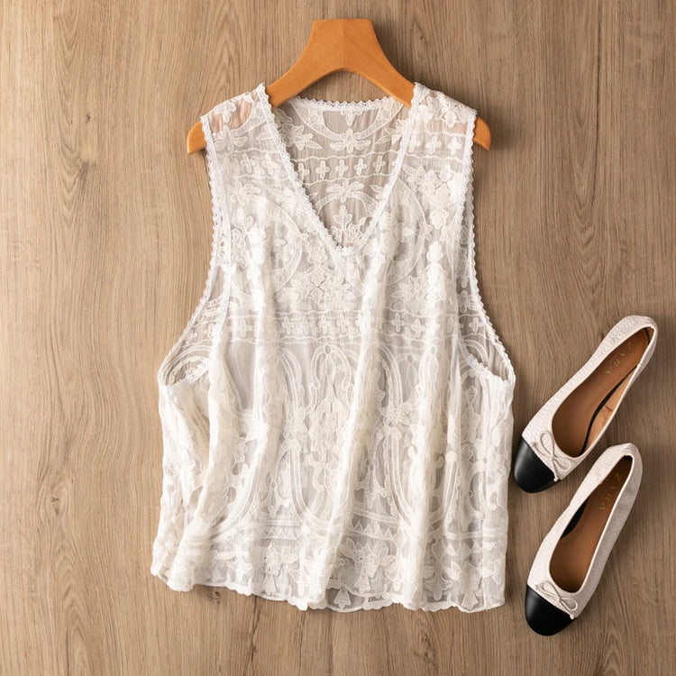 100% Mulberry Silk Loose Type Women Silk Tank Top Embroidery V Neck Vest Sleeveless Shirt Summer Beach MM815