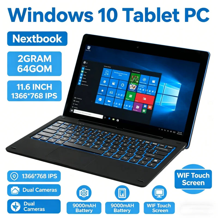 11.6'' Windows 10 Tablet PC T10 2GB DDR+64GB 2 In1 Docking Keyboard G12 Z8350 CPU 1366*768 IPS Touch Quad Core