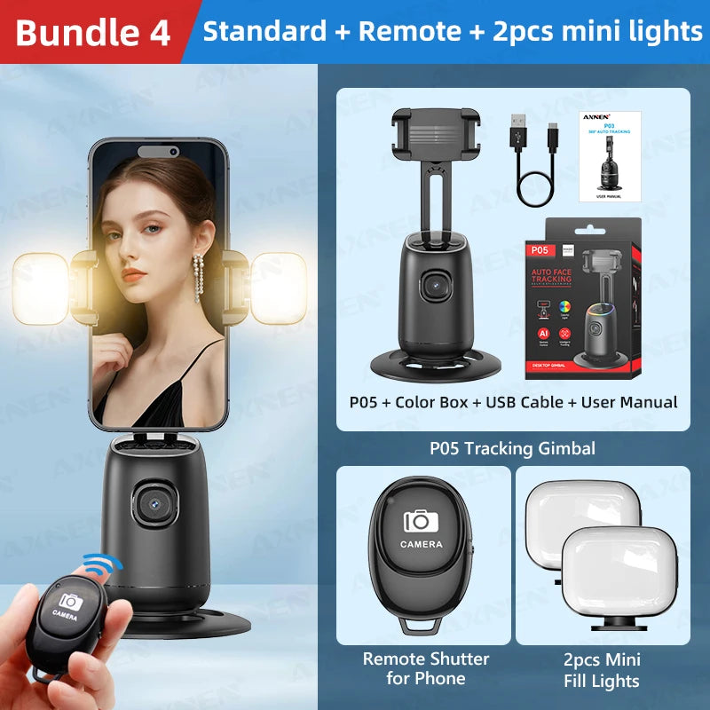 AI Auto-Tracking Phone Gimbal 360° Rotating Face Tracking Stabilizer Portable Desktop Holder for Live Streaming & Photo Shooting