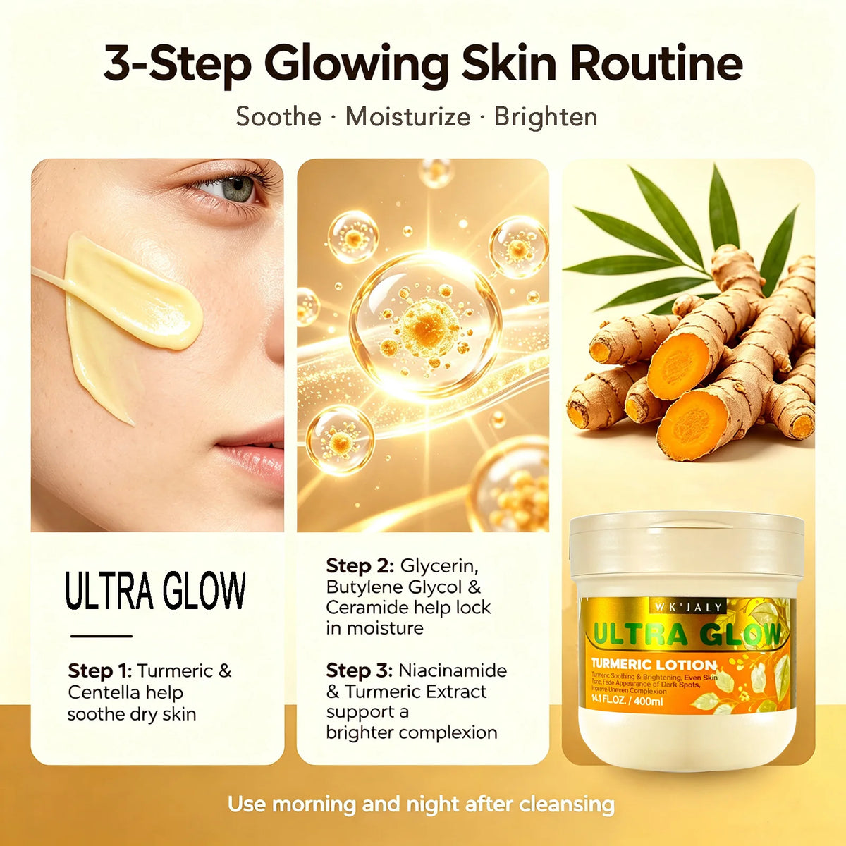 WK JALY Ultra Glow Turmeric Body Lotion, Brightening, Even Skin Tone, Deeply Moisturize Skin, Fade Dark Spots, Hyperpigmentation