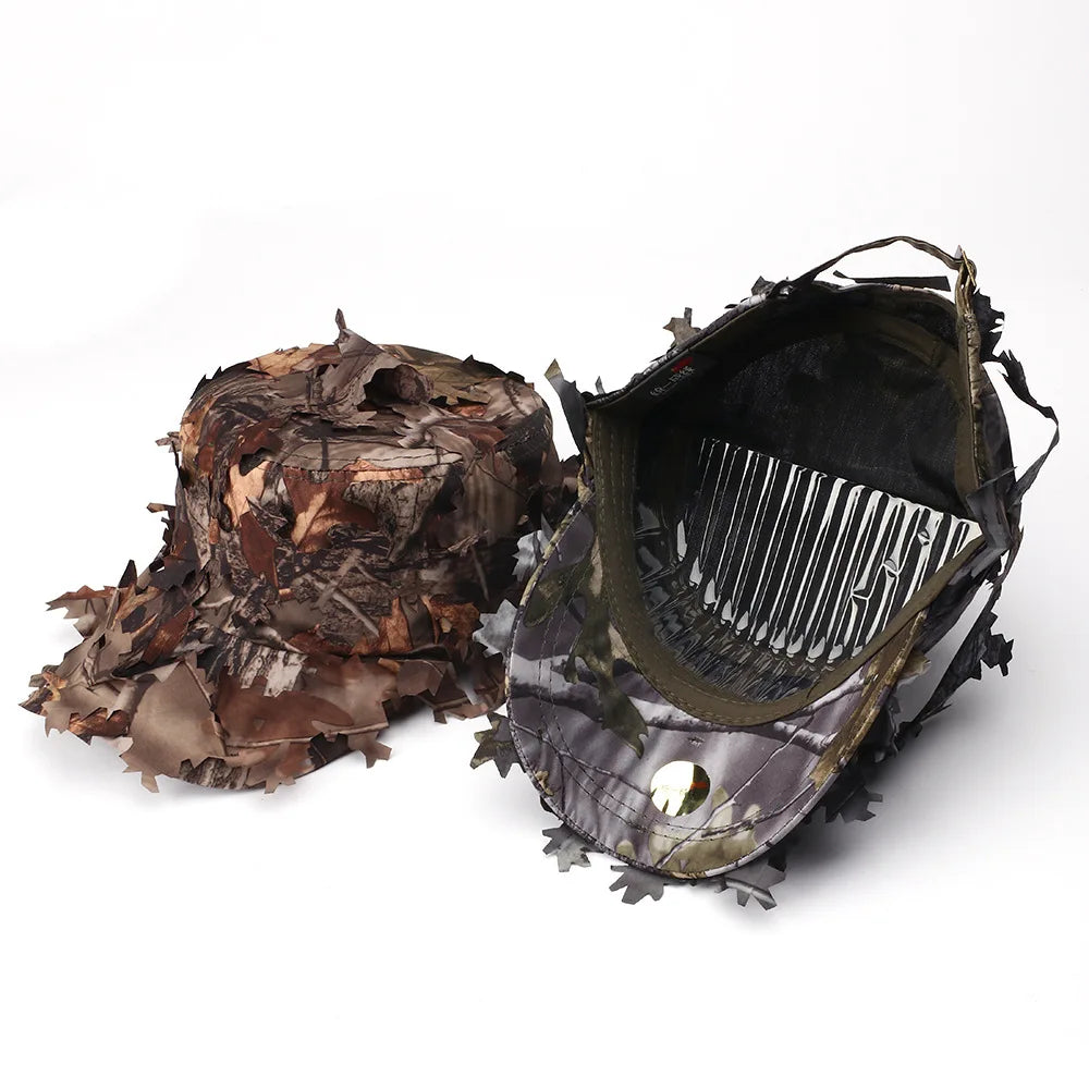 Men's Camouflage Boonie Hats 3D Leaves Camo Tactical Cap Ghillie Caps Hunter Sniper Hats Fishing Sunshade Hunting Accessories