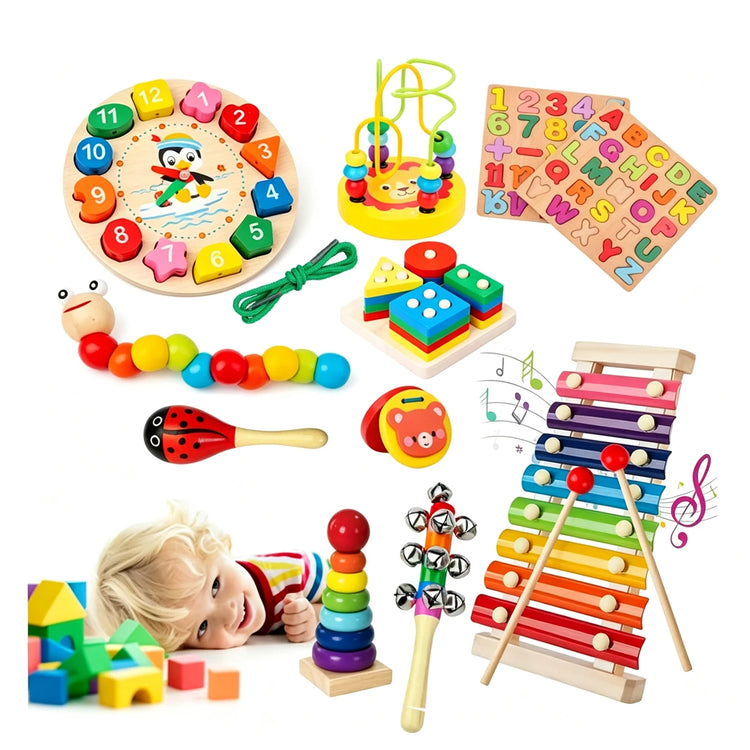 Wooden Montessori Toy Set,Educational Toys with Clock Puzzle,Early Learning Sensory Developmental Gift for Toddler Boys Girls
