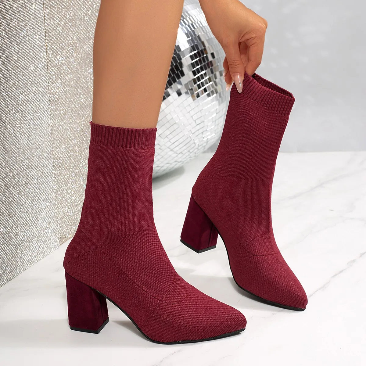 French-style Chic Knitted Sock Boots 2026 New Wine Red Chunky Heel Pointed Toe Everyday Slim Fit Stretchy Ankle Boots