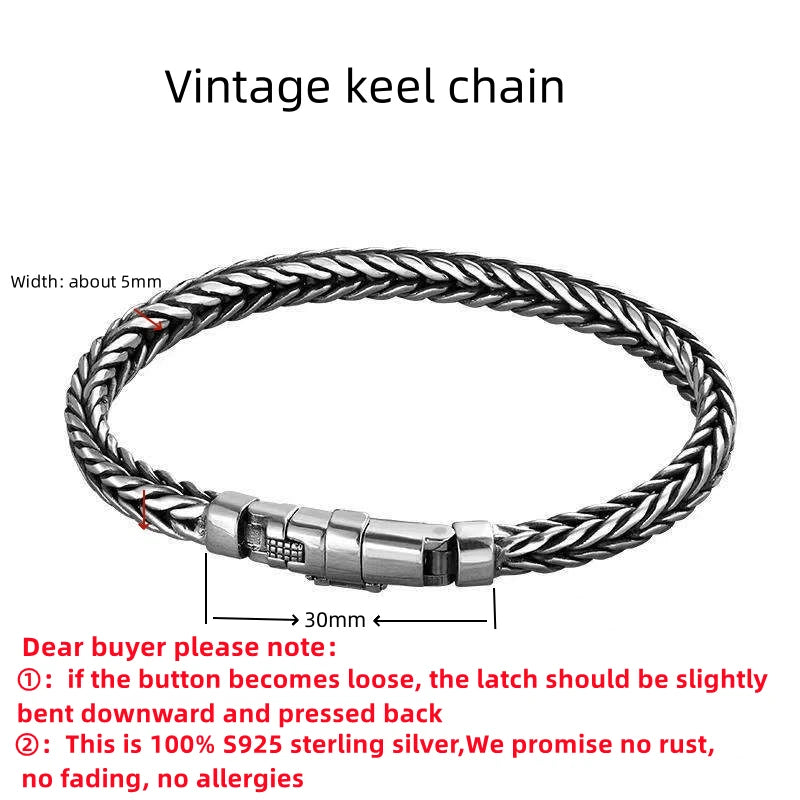 100% S925 Sterling Silver Handmade Woven Retro Domineering Style Personality Keel Man Woman Pure S925 Silver Bracelet Jewelry