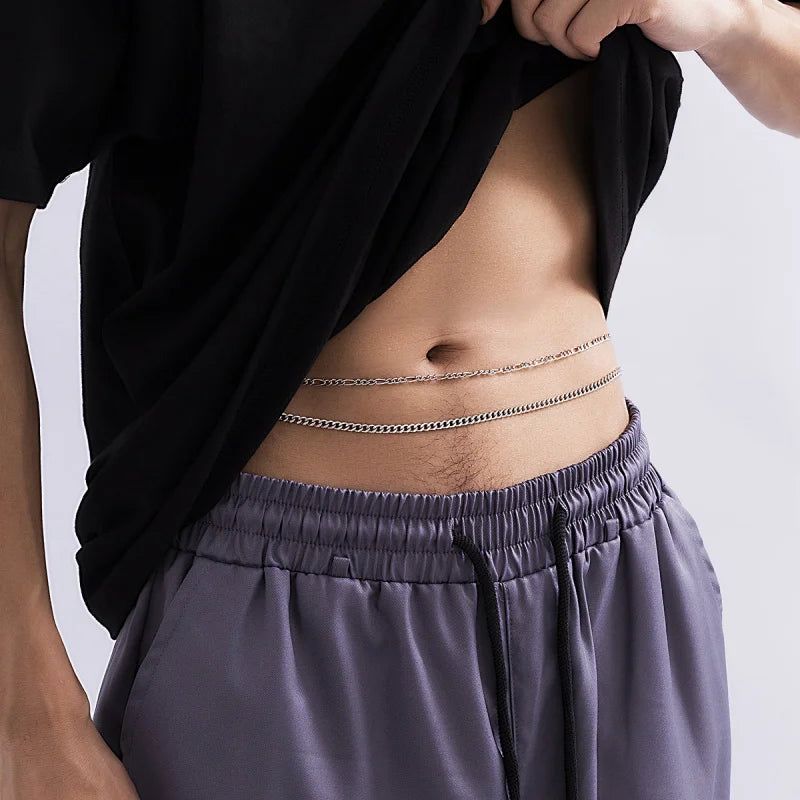 Men’s Adjustable Double Layer Waist Chain Silver Plated Figaro Belly Chain Hip Hop Streetwear Jewelry Accessory for Pants Shorts