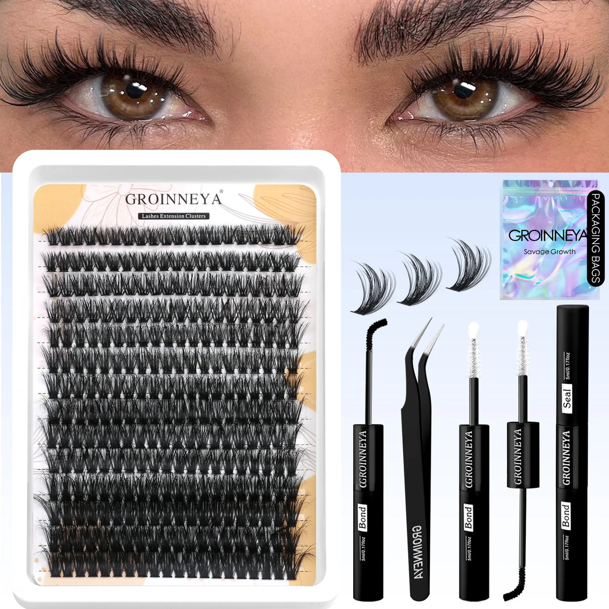 GROINNEYA Lash Clusters Kit With Waterproof Strong Hold DIY Lash Extension Kit Lash Bond And Seal And Eyelash Tweezers Makeup