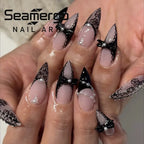 Black Cool Fake Nails Halloween Bat Press on Nails Almond Decorated Nail Tips Rivet Bow False Nails 24pcs Reusable Acrylic Nails