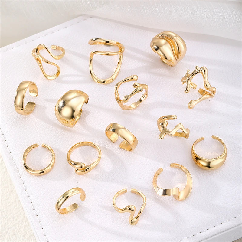 15PCS/Set Cool Oversized Smooth Abstract Lava Line Ring Set Women's Trendy Geometric Stacking Finger Ring Accessories