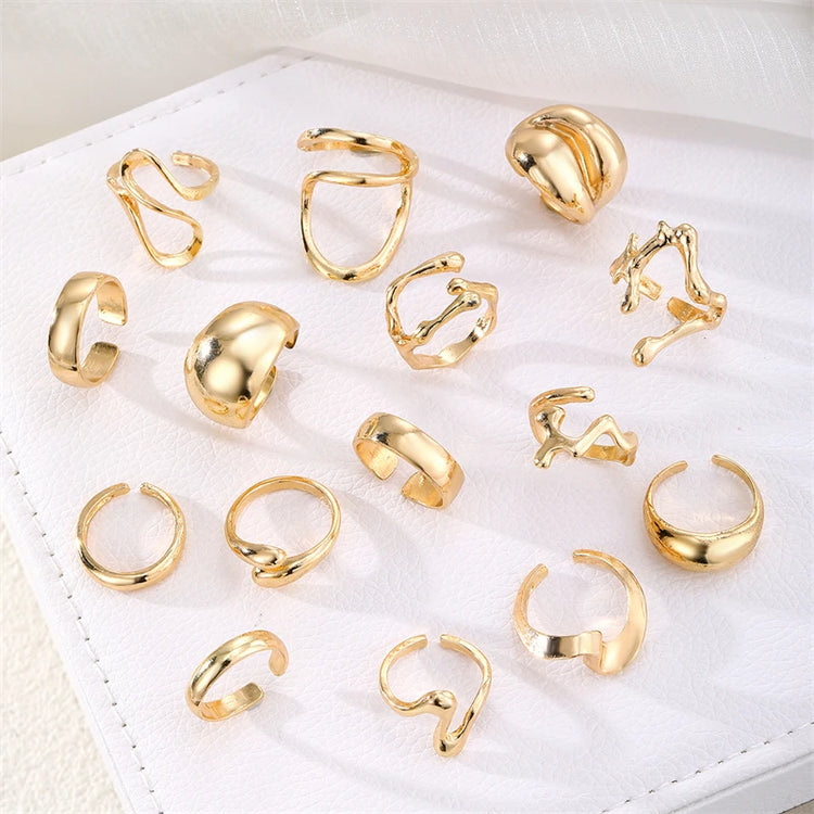 15PCS/Set Cool Oversized Smooth Abstract Lava Line Ring Set Women's Trendy Geometric Stacking Finger Ring Accessories