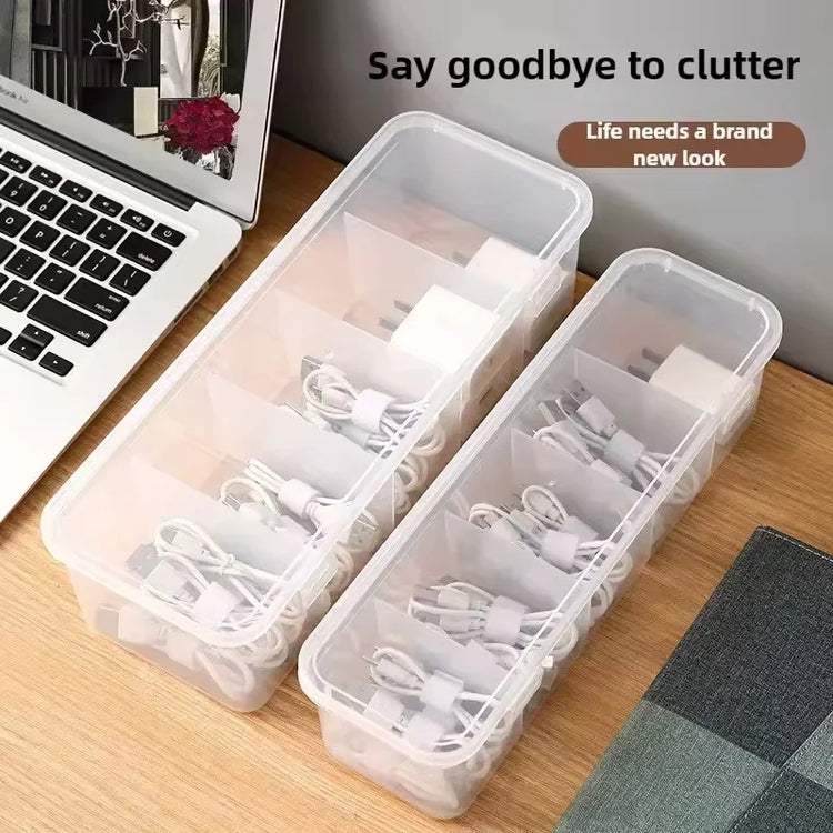 1pc Dustproof Cable Management Box, Clear Transparent Desktop Organizer with Lid, Adjustable Dividers for Cords, Storage