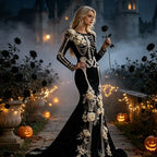 Halloween White Bone Skeleton Embroidered Long Sleeved Dress, Dark Rose Three-dimensional Flower Slimming Holiday Party Dress