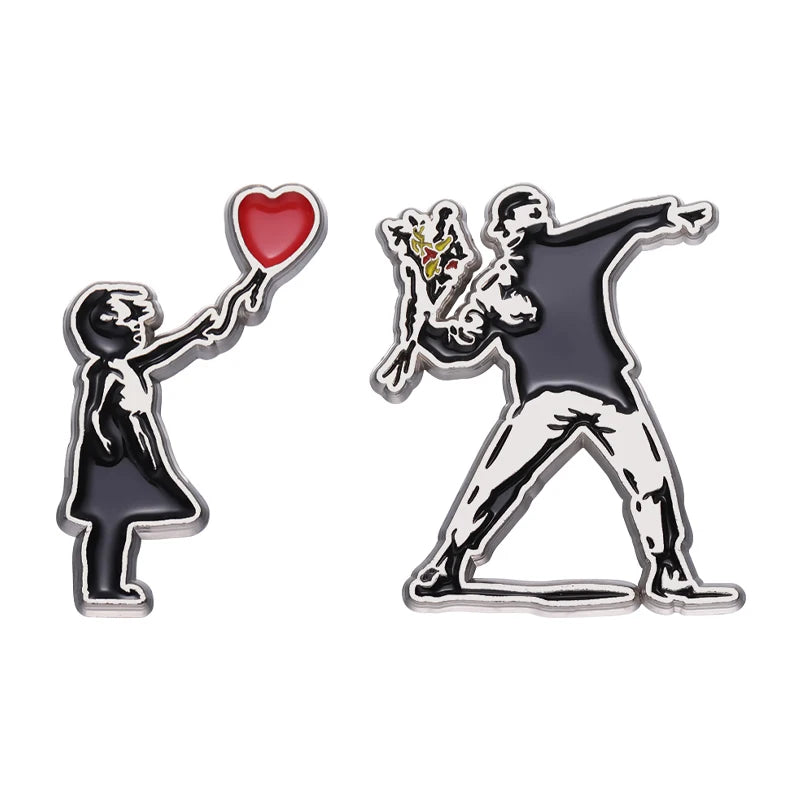 Classic Banksy Art Design Collection Brooch Enamel Pin Flower Thrower Boy Red Balloon Girl Badge Decoration Lapel Jewelry Gift