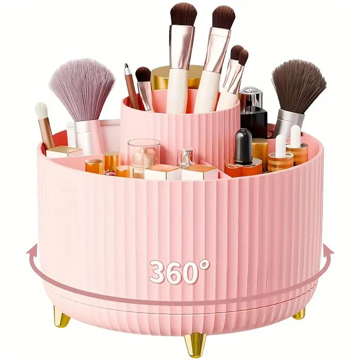 360° Rotating Makeup Organizer Plastic Cosmetic Storage 5 Compartments Multi-Functional Brush Holder Compact Travel Makeup Case