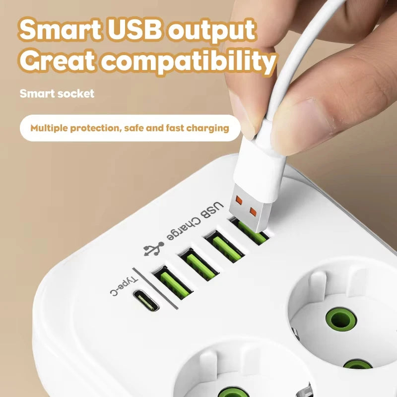 EU Plug AC Outlet Multitap Power Strip 2m Extension Cord Electrical Socket Smart USB Home Office Surge Protector Network Filter