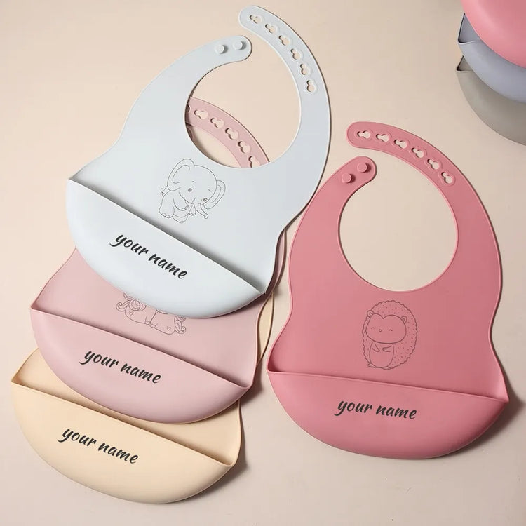 Custom Silicone Baby Bib with Name & Cartoon Print Pattern Food-Grade Solid Feeding Bib DZ13