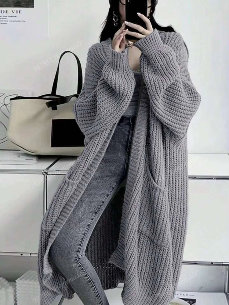 Women Oversized Maxi Cardigan Knitted Sweater Coat With Pockets Autumn Winter Casual Loose Long Sleeve Sweater Outwear Ladies