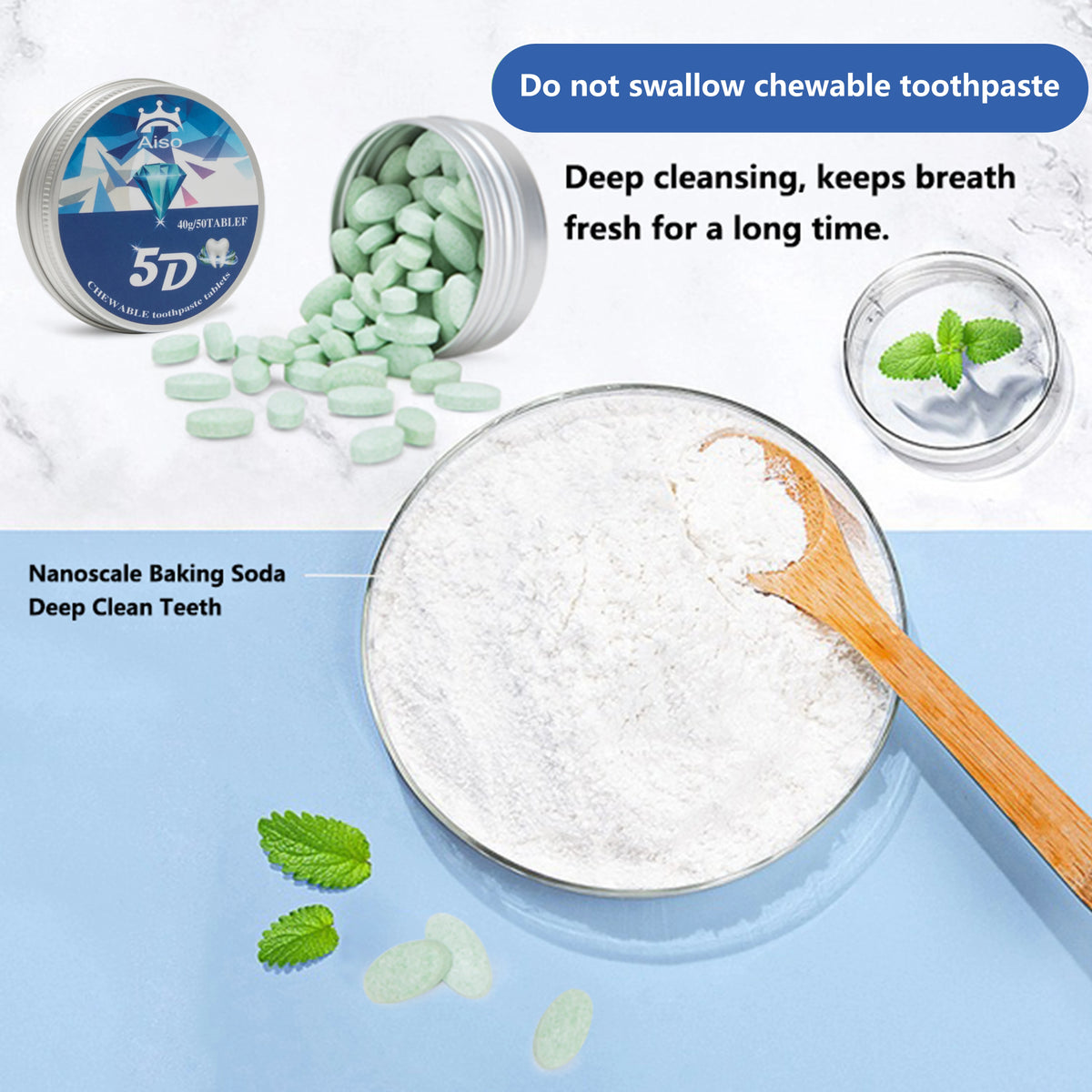 5D All-Effect Travel Mint Toothpaste Chewable Tablets, Travel Toothpaste, Removes Tartar, Freshens Breath, Do Not Swallow
