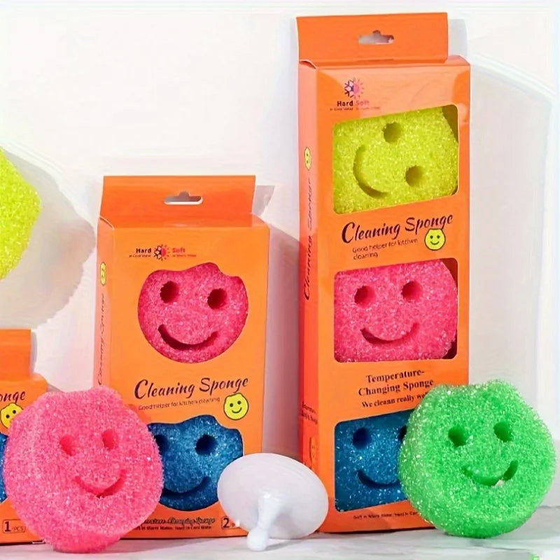 7pcs Smiley Face Temperature-Changing Cleaning Sponges，Colorful Kitchen Dishwashing Tools for Summer Grease Removal Cleaning