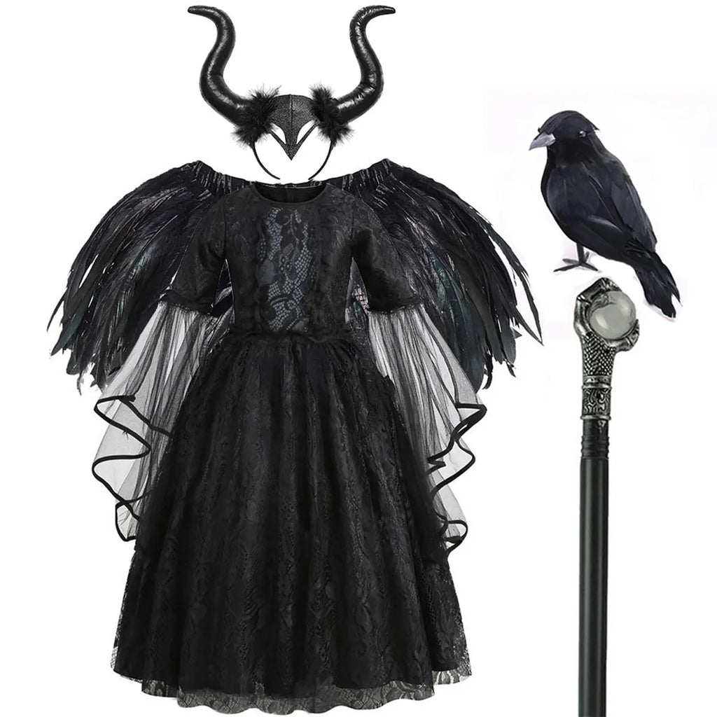 2026 Halloween Carnival Girls Play Black Evil Witch Vampire Elegant Cute Fluffy Lace Dress + Hairband + Raven Accessories Set