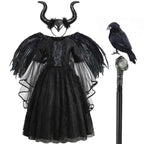 2026 Halloween Carnival Girls Play Black Evil Witch Vampire Elegant Cute Fluffy Lace Dress + Hairband + Raven Accessories Set