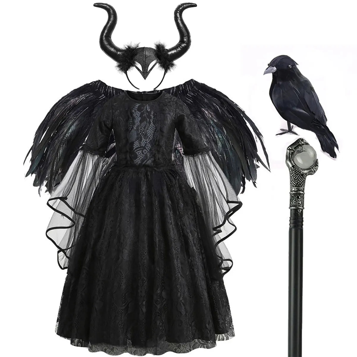 2026 Halloween Carnival Girls Play Black Evil Witch Vampire Elegant Cute Fluffy Lace Dress + Hairband + Raven Accessories Set