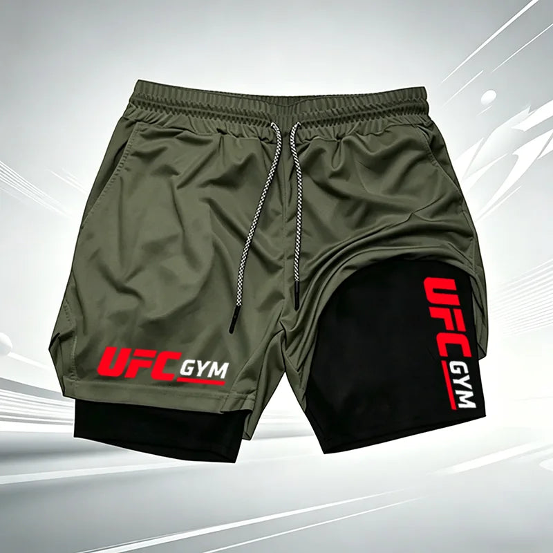 Summer men's printed UFC GYM 2-in-1 compression base shorts, quick drying fitness training breathable running shorts