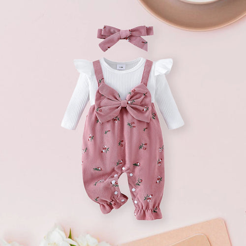 Citgeett Autumn Infant Baby Girls Long Sleeve Romper Floral Print Patchwork Bow Jumpsuits Cute Headband Clothes Set