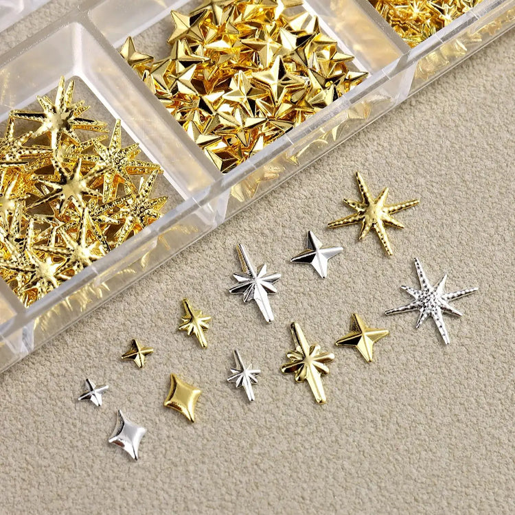 6/12Grids Gold Star Moon Metallic Rivet 3D Nail Charms Alloy Sun Moon Starlight Rhinestones Nail Studs For Nail Art Decoration