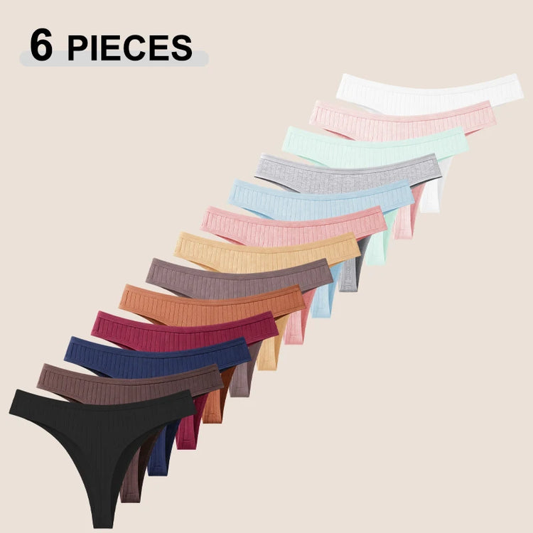 6Pcs/Set Seamless Cotton Thongs Panties For Women Sexy Low Rise Solid Color G-String Underwear Female Ribbed Breathable Lingerie