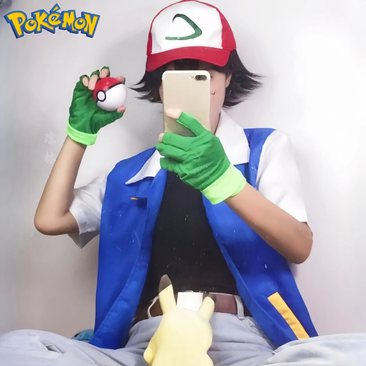 New Blue Jacket Men Cosplay Costume Boys Ash Ketchum For Halloween Party Trainer Gloves And Cap Set Anime Christmas Gift