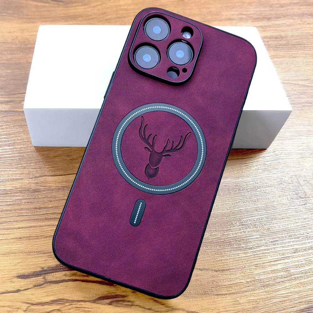 Luxury PU Leather Deer Case For iPhone 18 17 Air 16 15 14 13 12 11 Pro Max Plus 16E 18Pro For Magsafe Wireless Charge Back Cover