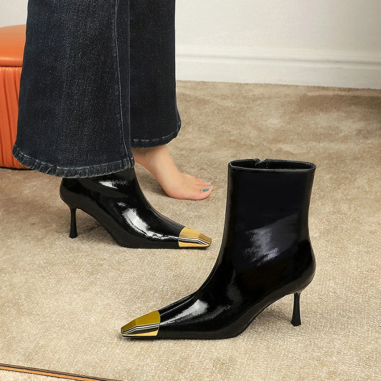 Black Patent Leather Slim Fit Ankle Booties Stiletto High Heel Metallic Pointed Tip Side Zipper Non Slip Elegant European Style