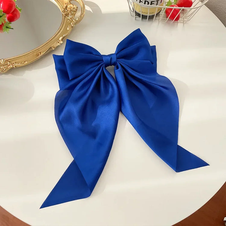 Korean Accessories Hair Clips for Women Girls Big Bowknot Solid Satin Long Ribbon Bows Spring Clamp Barette Cheveux Femme 2023