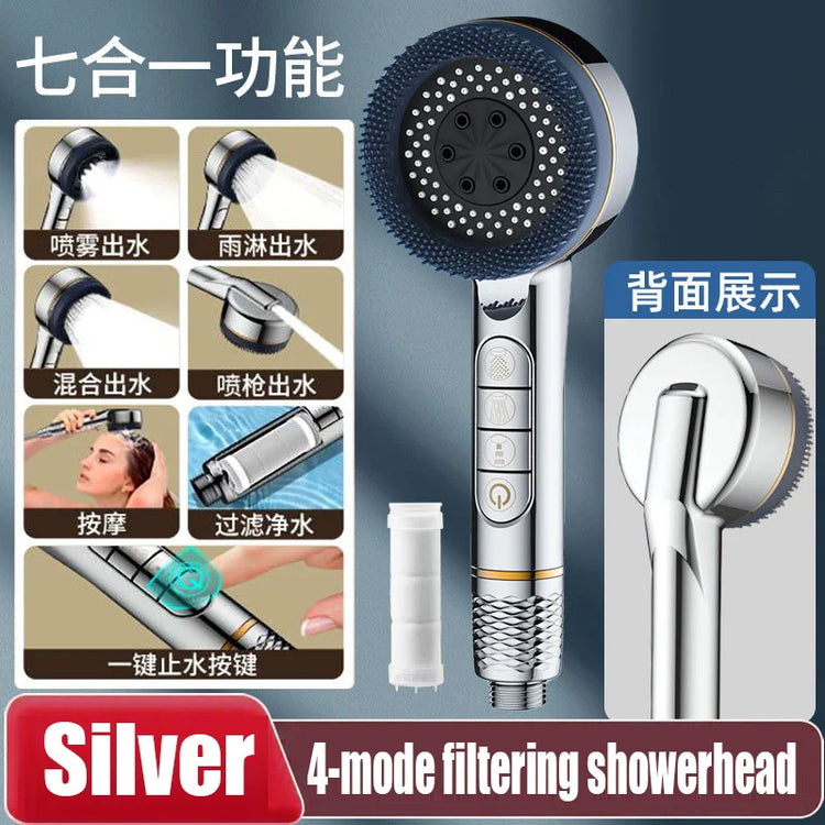 New 7 IN 1 Large Flow Shower Head With Filter 4 Modes High Pressure Water Saving One-Key Stop Water Massage Portable Showerhead