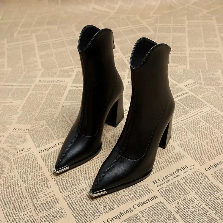Pointed Toe Women's Ankle Boots Fashion Back Zippers Short Botas Ladies Elegant Square High Heel Winter Women's Footwear